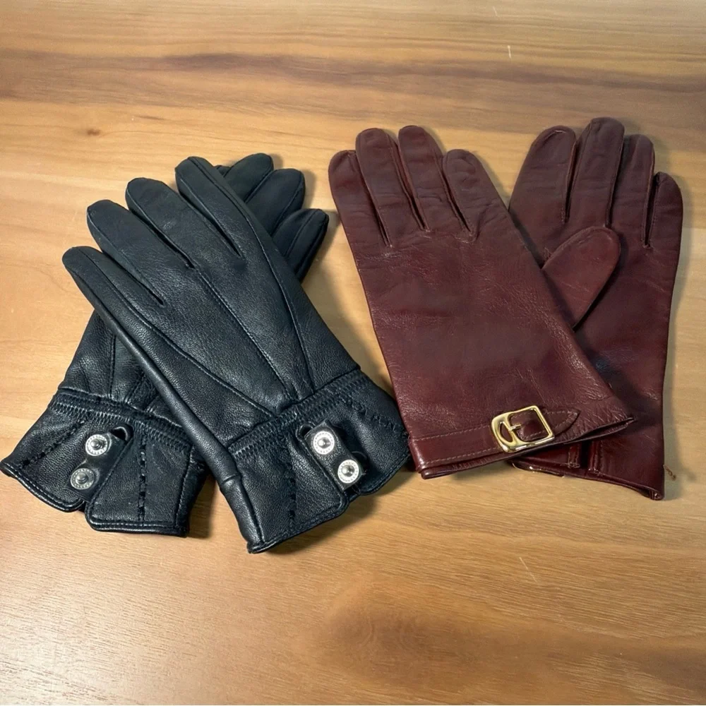Women’s Lot (2) Gloves 100% Genuine Leather Lined Black‎ Unlink Red Sz 7 Driving